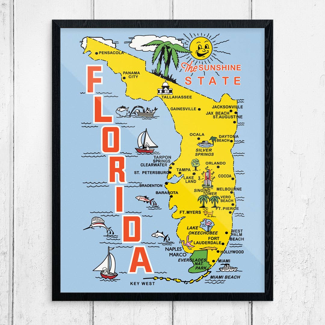 11" x 14" Florida The Sunshine State Map Vintage Style Print