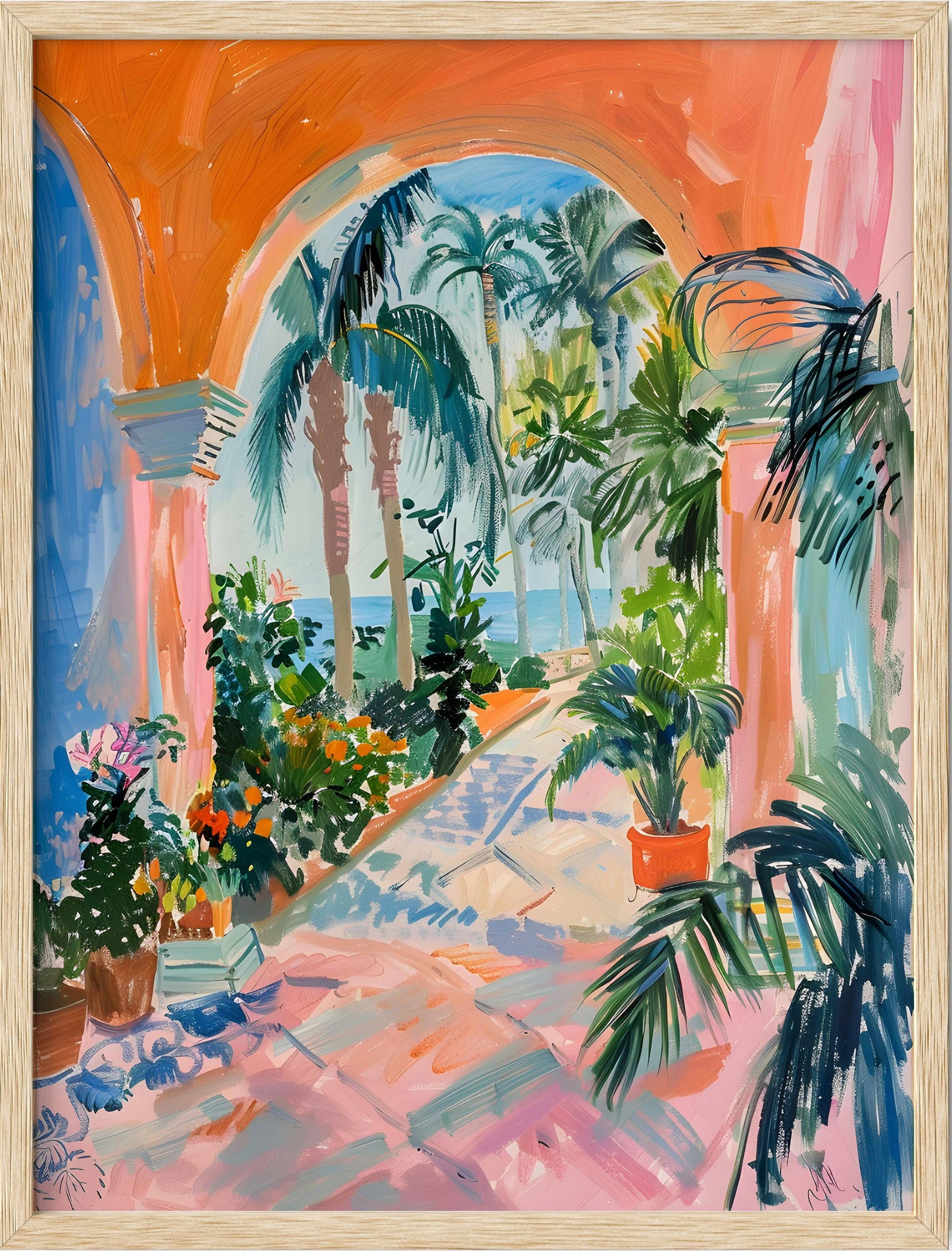 Colorful painting of a tropical scene with arches, plants, and a path.