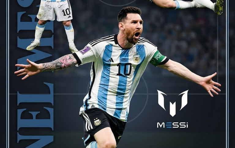 A collage-style promotional graphic featuring Lionel Messi in multiple action poses wearing the Argentina national team jersey, with the FIFA logo and the word Messi visible on a dark background.