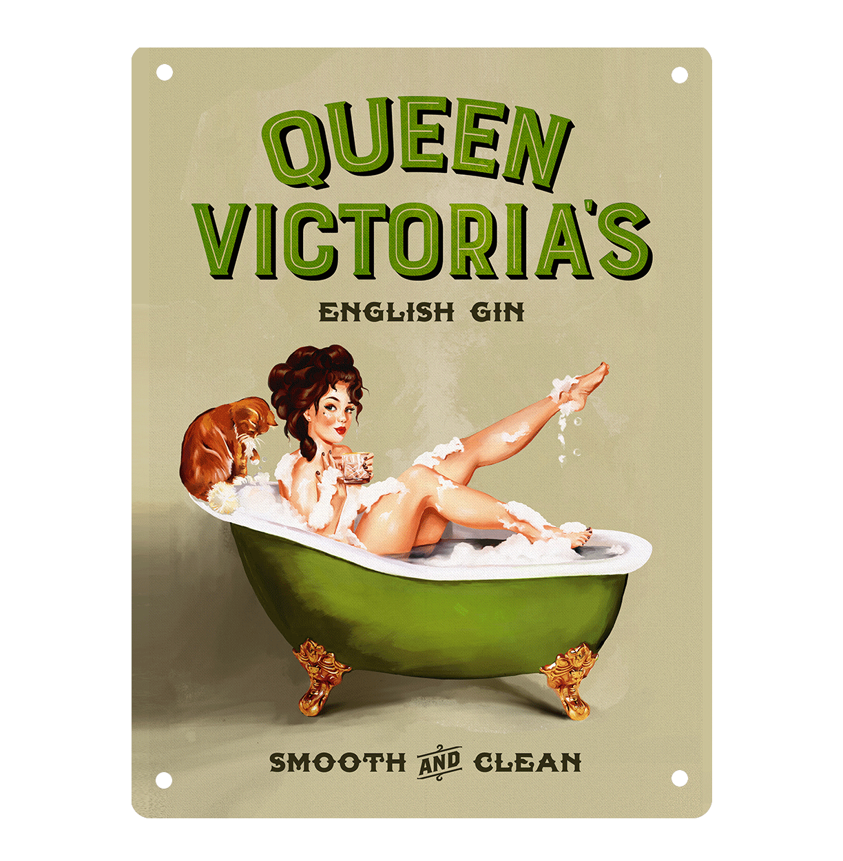 Queen Victoria's English Gin: Bathtub Cocktail Pinup & Cat