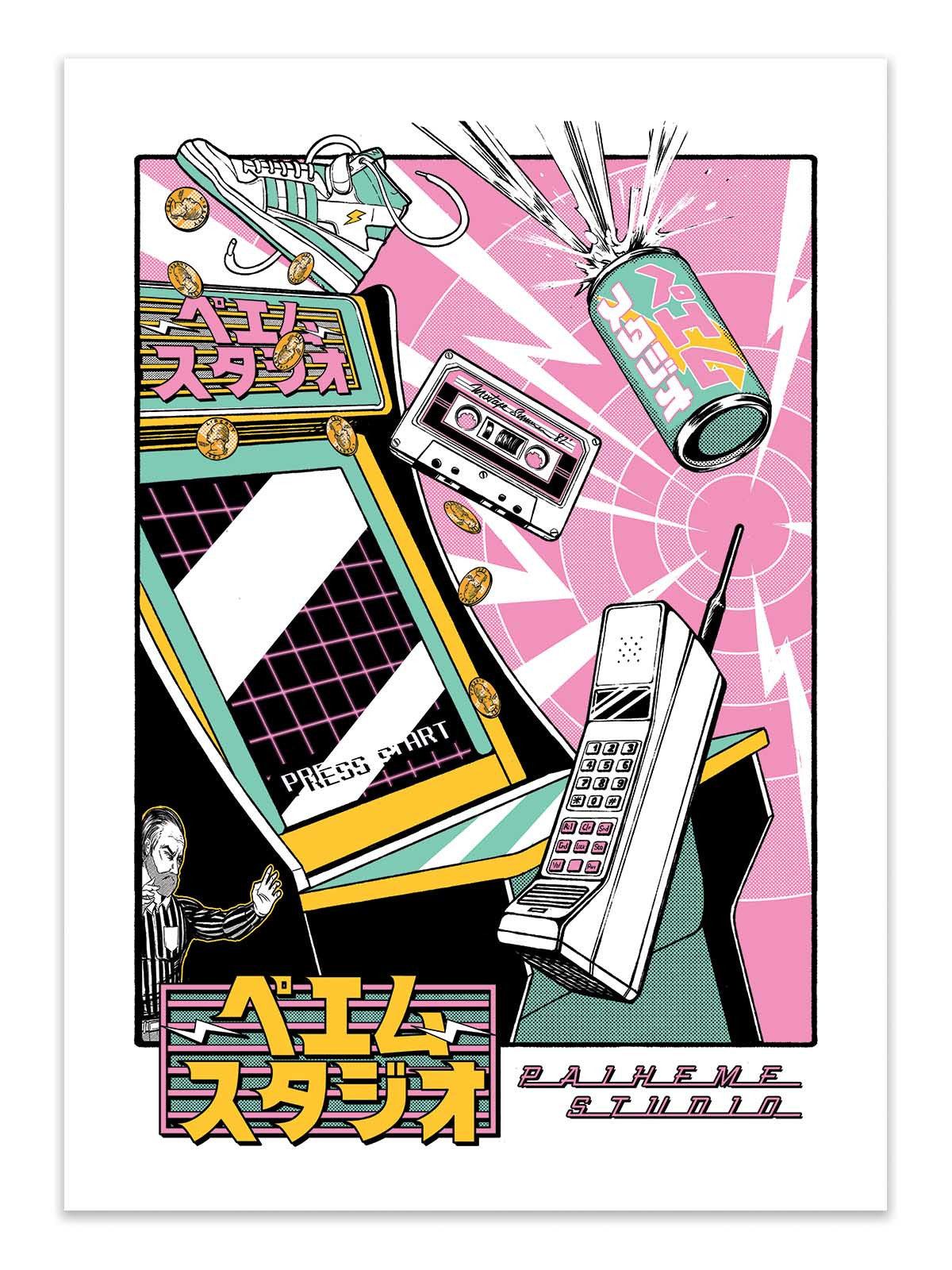 Vintage-style illustration with electronic devices and text on a pink background