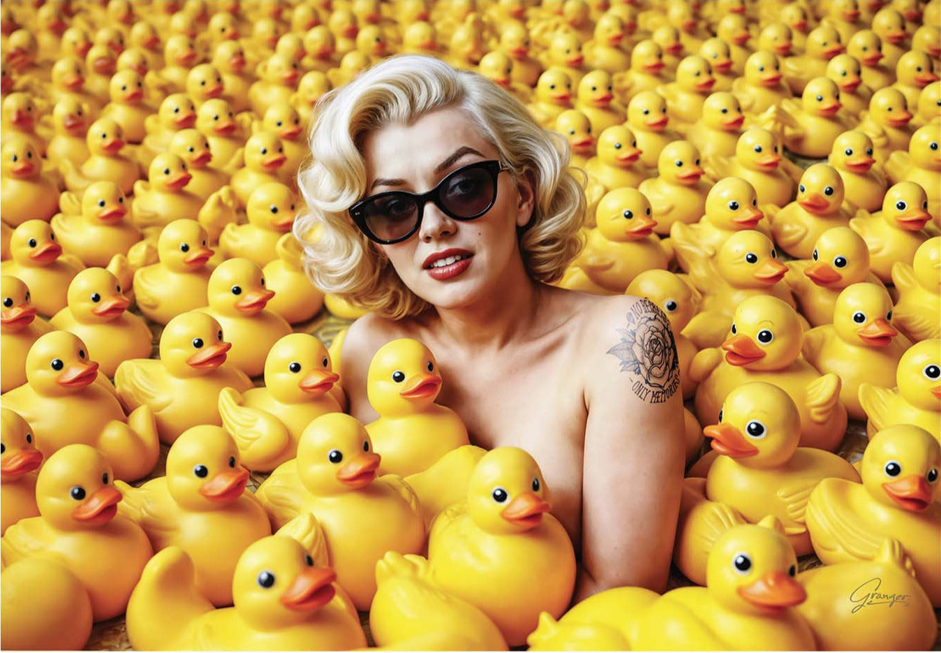 Woman surrounded by yellow rubber ducks wearing sunglasses