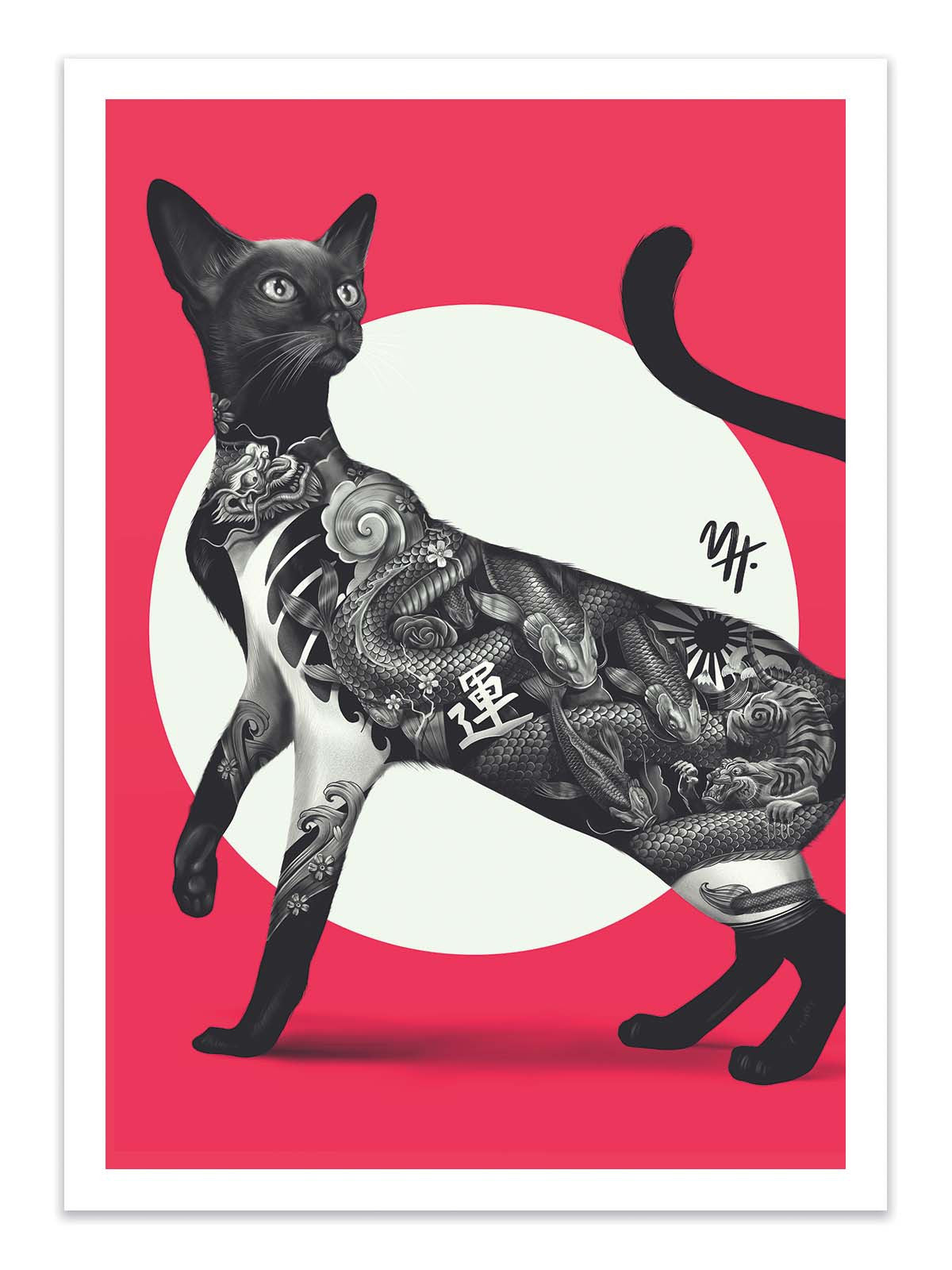 Art Poster - Japanese cat tattoo red - Mark Harrison