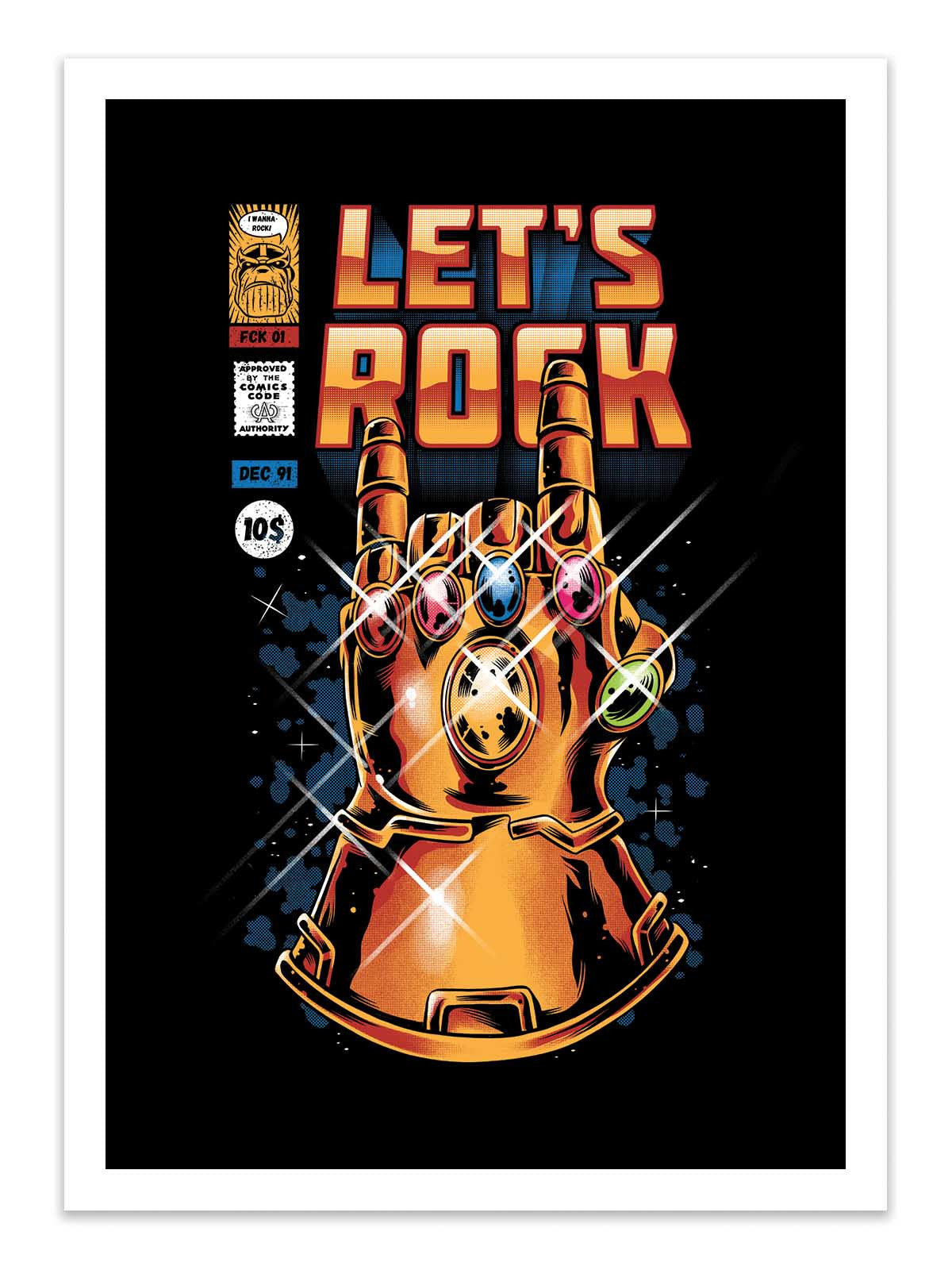 Comic book-style poster with a golden glove and 'Let's Rock' text on a black background