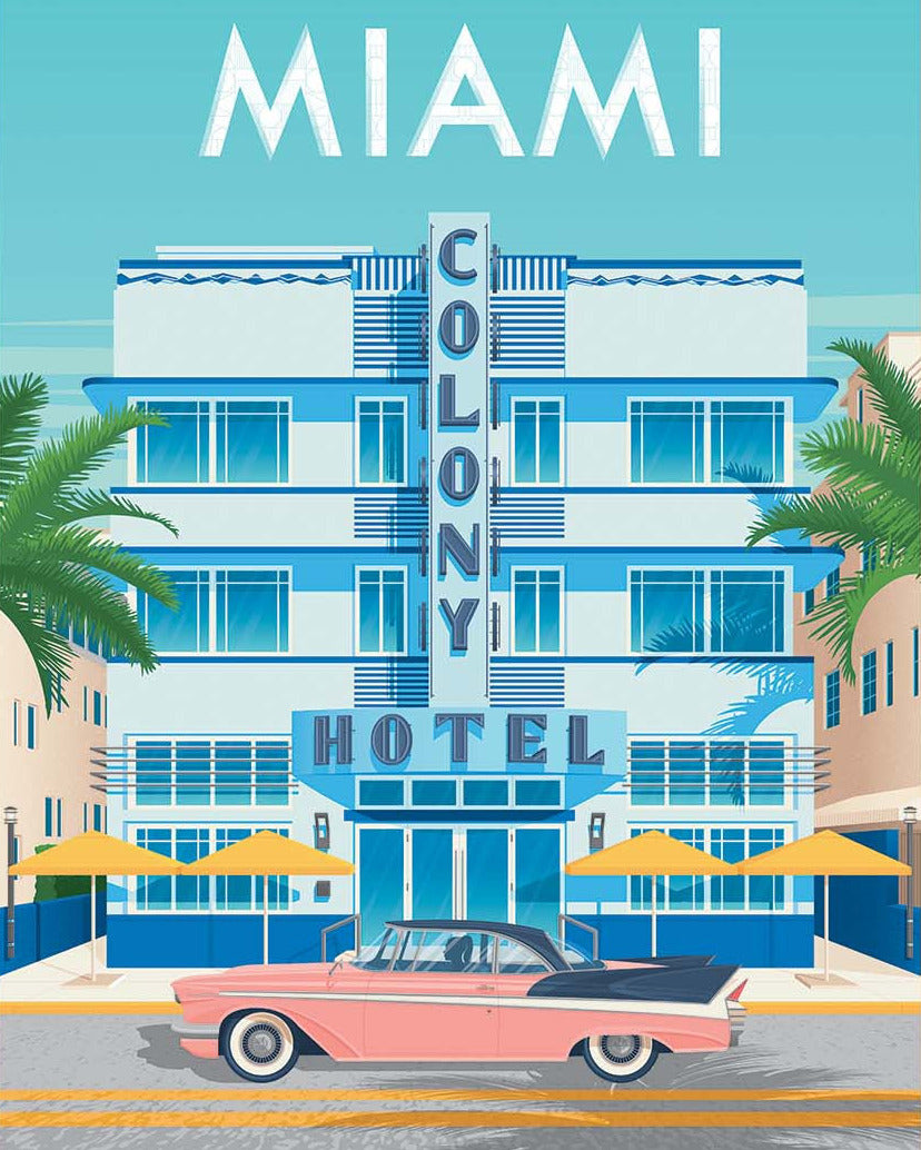 Poster of the Colony Hotel in Miami with a vintage car and palm trees.