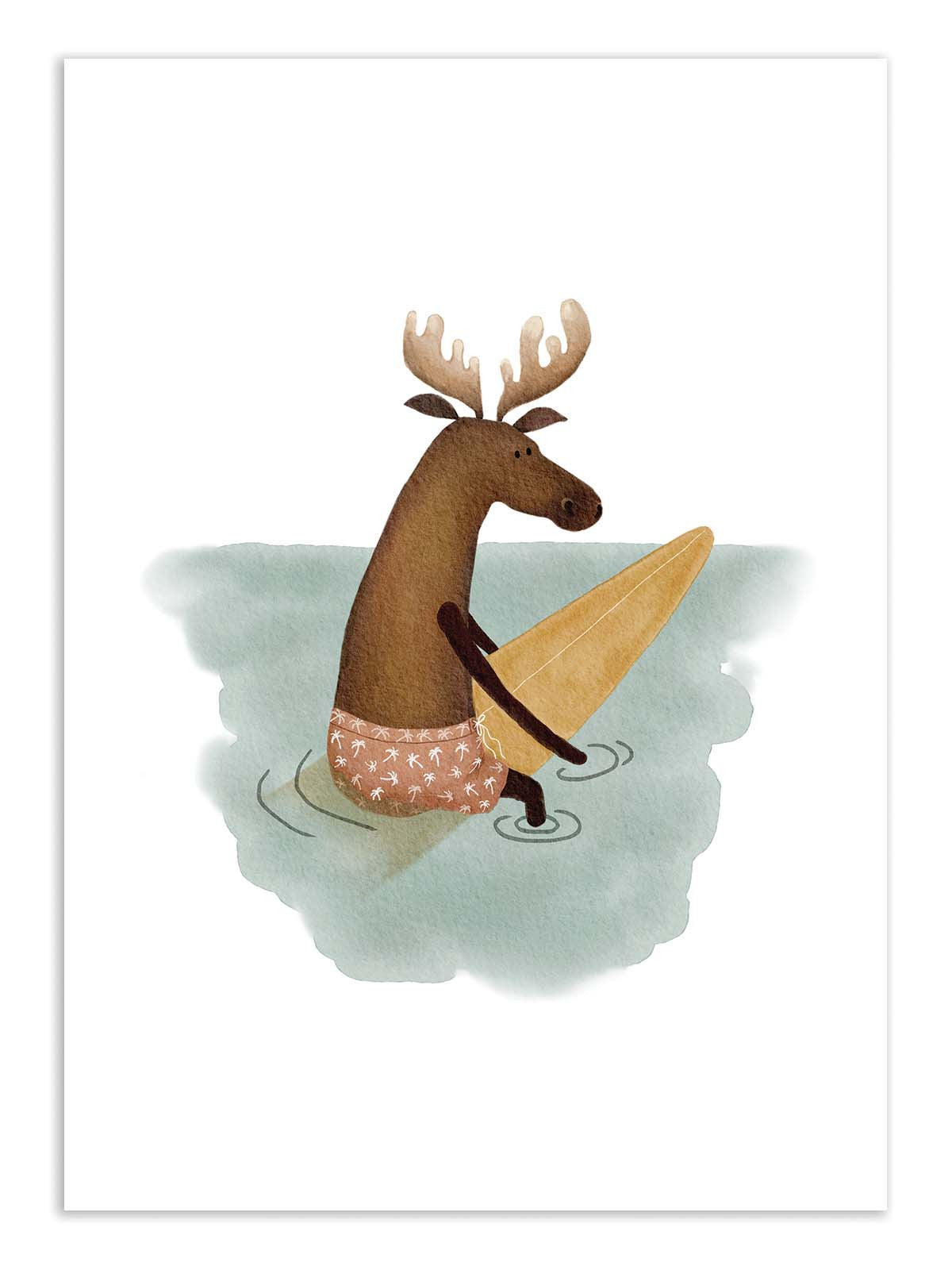 Illustration of a deer holding a surfboard in water