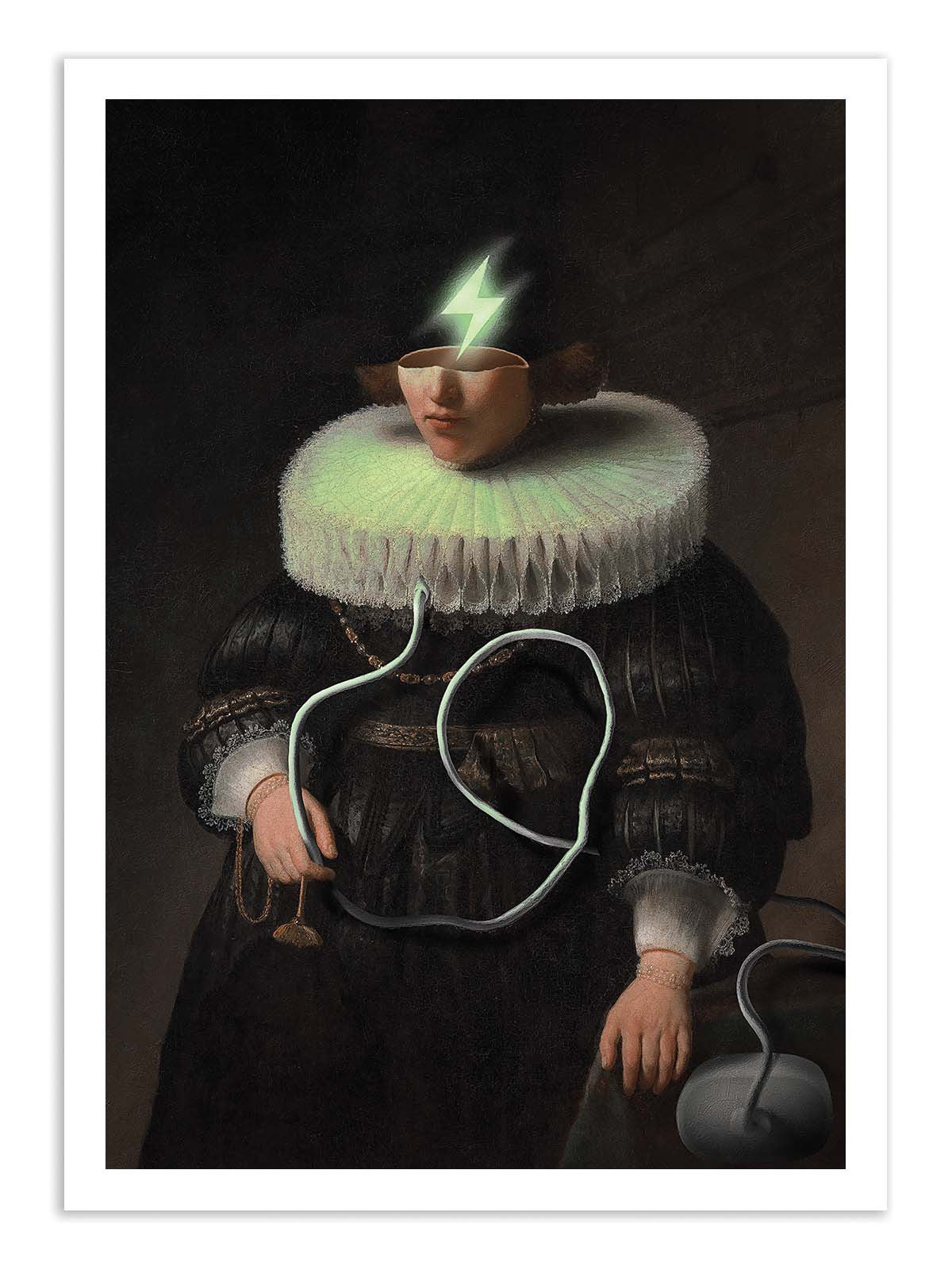 Artistic depiction of a person with a glowing headpiece and a heart-shaped object.