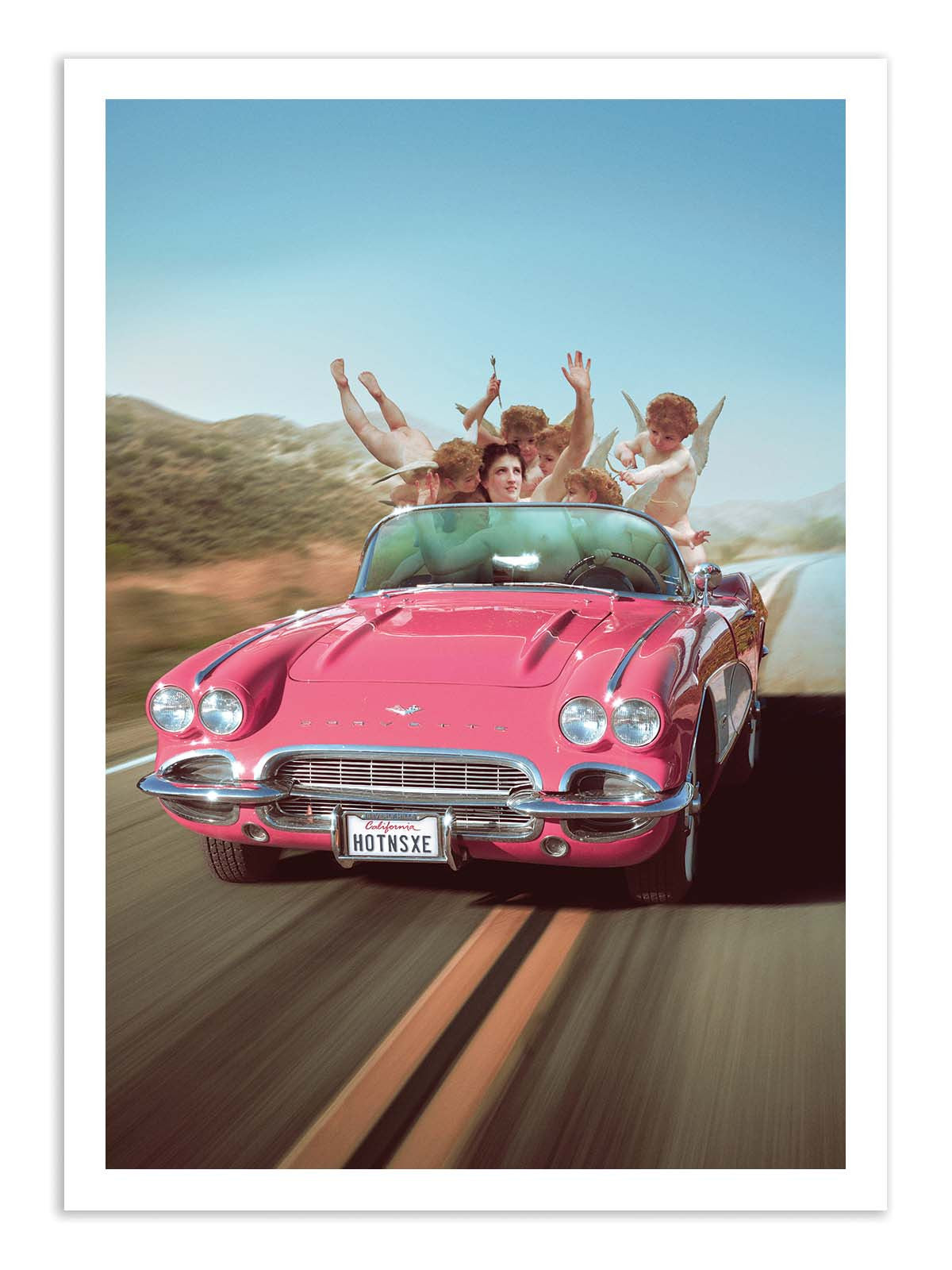 Pink convertible car with people enjoying a road trip on a scenic route.