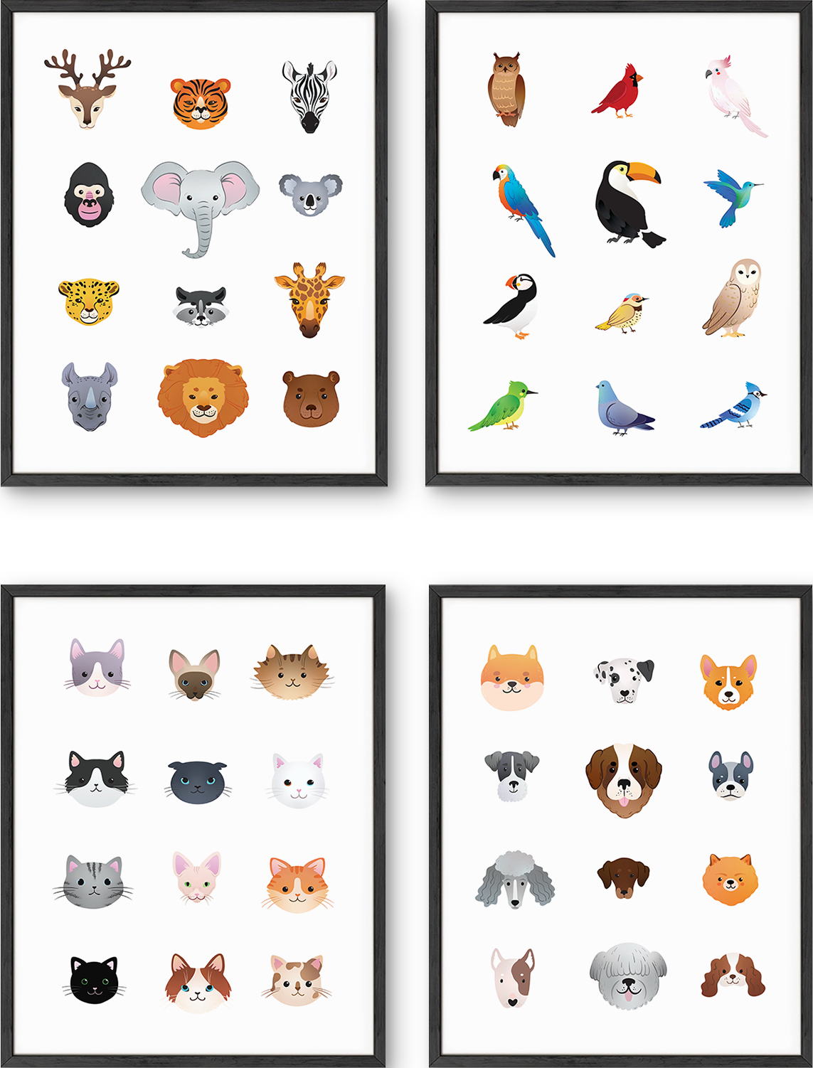 Animal Faces Chart Kids Wall Art Set
