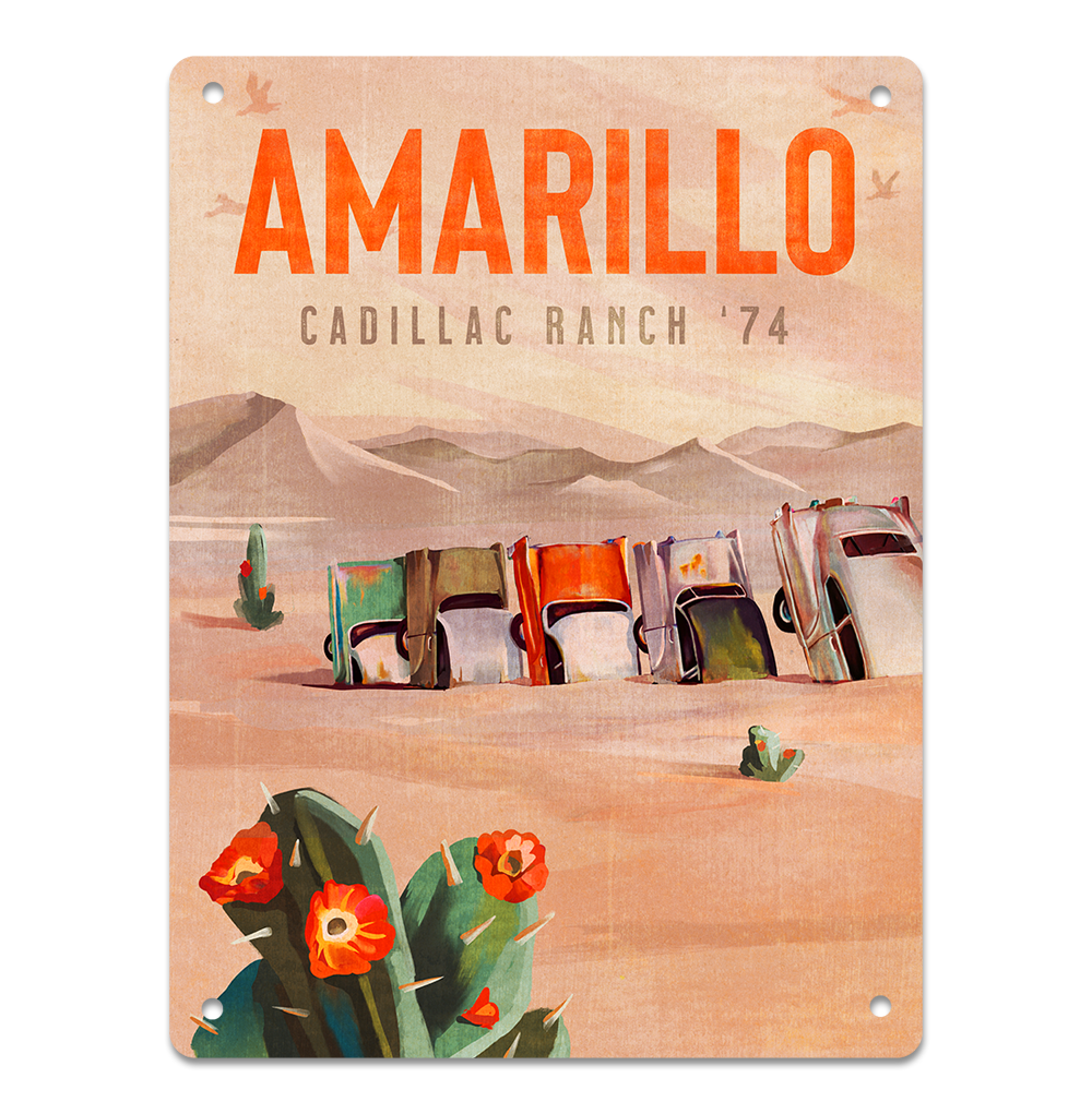 Amarillo, Texas Cadillac Ranch 14 x 10.5" Metal Sign Art