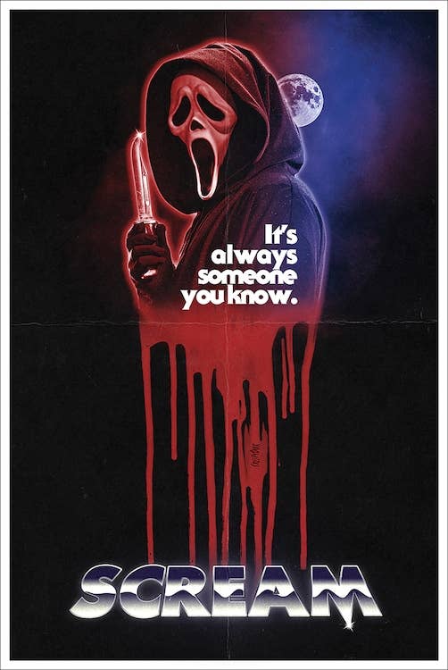 Scream movie poster with hooded figure holding knife and text 'It's always someone you know.'