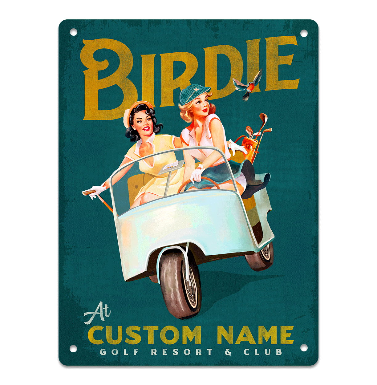 "Birdie" Customizable Golf Art. Vintage Pinup Girls Golfing