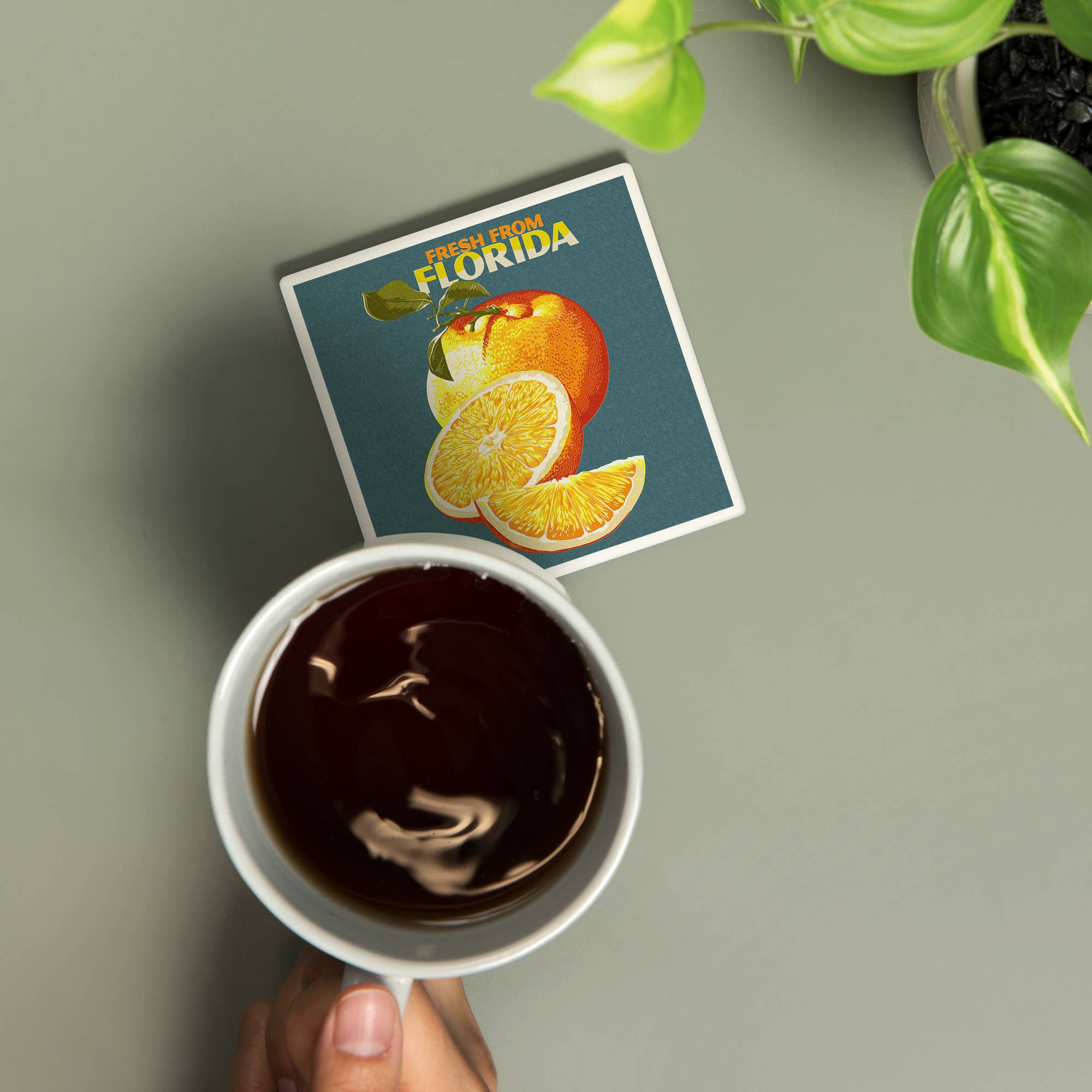 CERAMIC COASTER Florida, Fresh Oranges, Letterpress