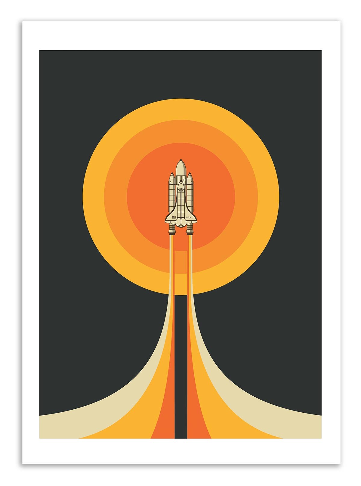 Illustration of a space shuttle against a sun-like circular background with concentric rings.